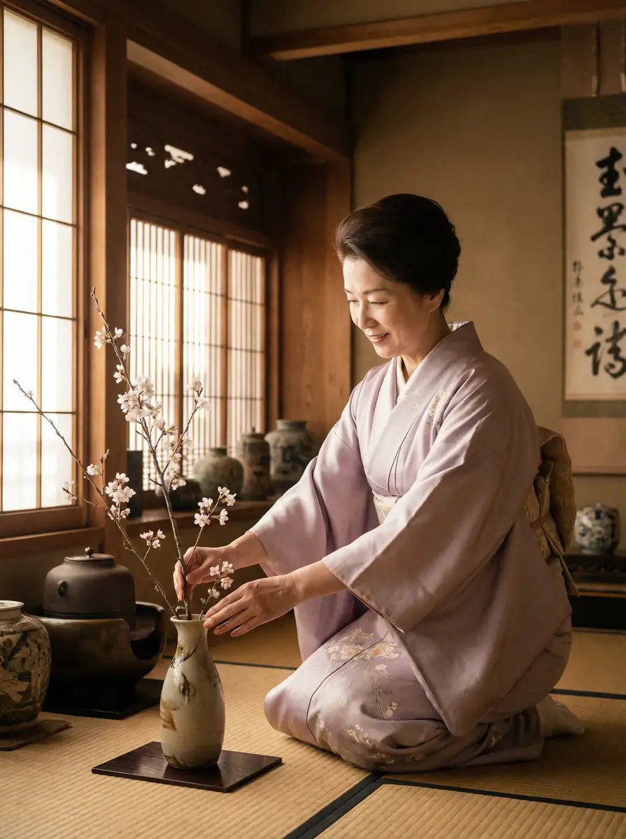 一位优雅的 日韩卡二卡三卡四卡永久入口 在和室中插花